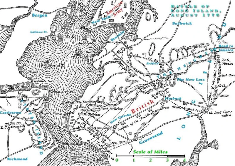 Map of the Battle of Long Island, August 27, 1776, showing British and American force positions. George Adam Dillmann (Group 2a) fought in this engagement as a Pennsylvania rifleman before being captured and pressed into British service. Published in Edward J. Lowell, The Hessians and the other German Auxiliaries of Great Britain in the Revolutionary War (Harper and Brothers, 1884). Public domain.
