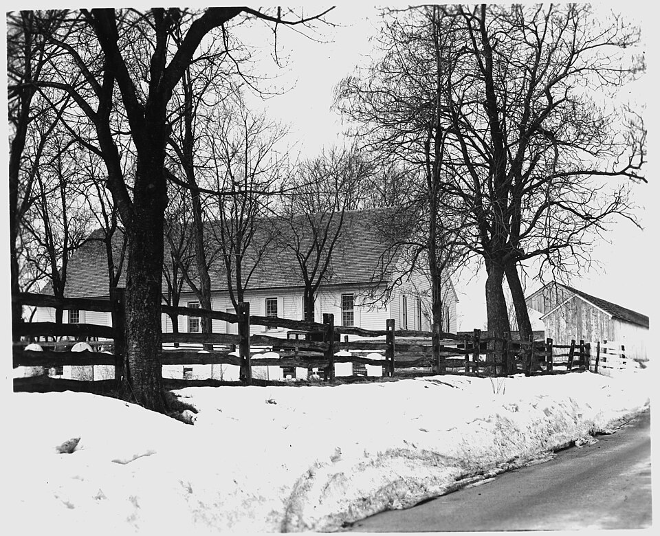 Meeting house of the Weaverland Conference Mennonites near New Holland, Lancaster County, Pennsylvania. George Dillman (Group 89, born 1801) and his wife Sarah are buried in the Weaverland Mennonite Cemetery in Earl Township, Lancaster County. US National Archives. Public domain.