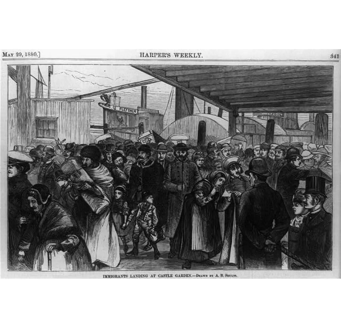 Historical illustration of Castle Garden, America's first official immigration processing station in New York, which operated from 1855 to 1890 before Ellis Island opened.