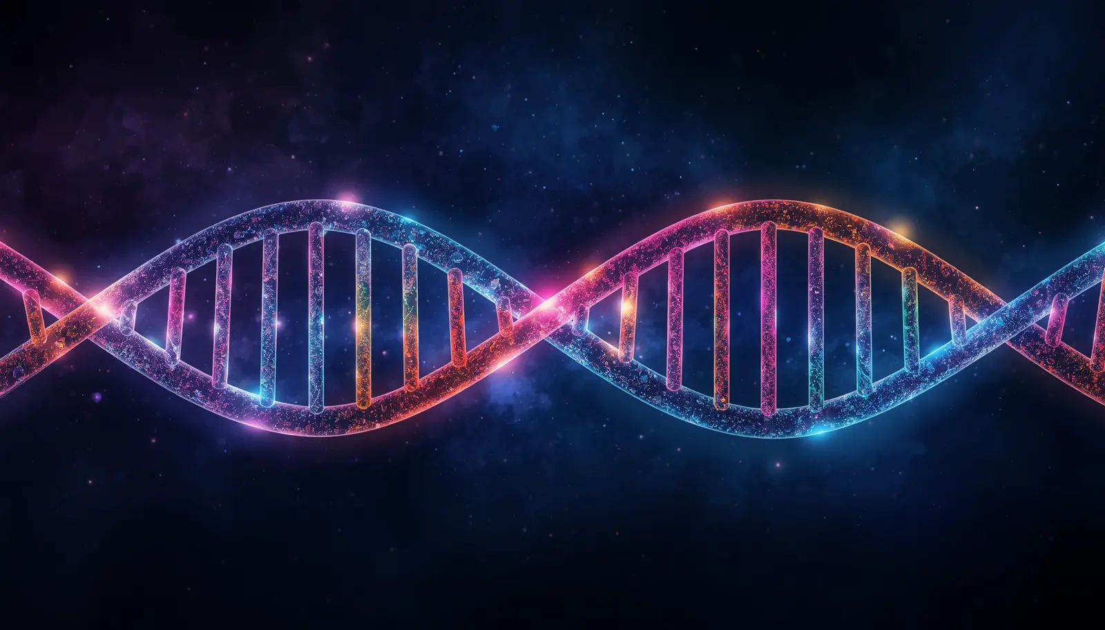 Colorful neon DNA double helix spiraling against a dark starry background, symbolizing genetics and biotechnology