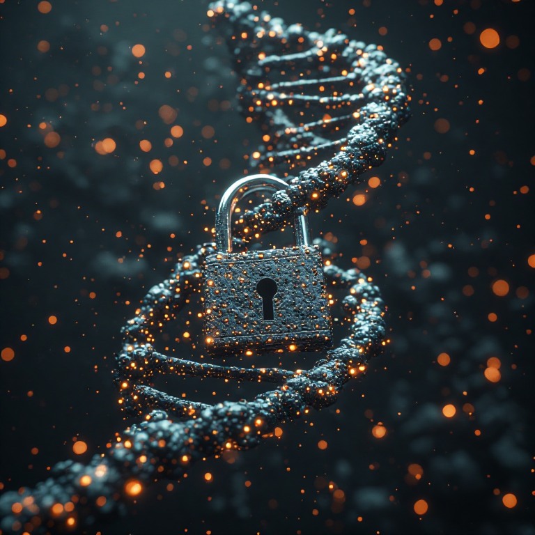 Metal padlock wrapped around a glowing DNA double helix, symbolizing data security.