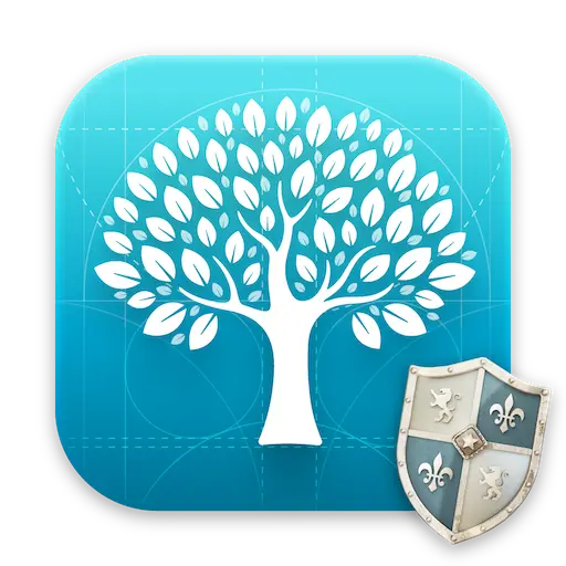 App icon featuring a white tree silhouette with many leaves on a teal rounded-square background, and a small shield in the bottom-right corner.