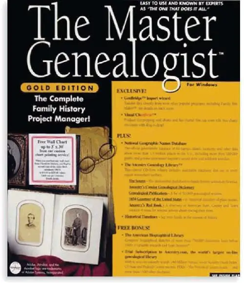 Cover for The Master Genealogist Gold Edition, a complete family history project manager, featuring a yellow info panel and sample photos.
