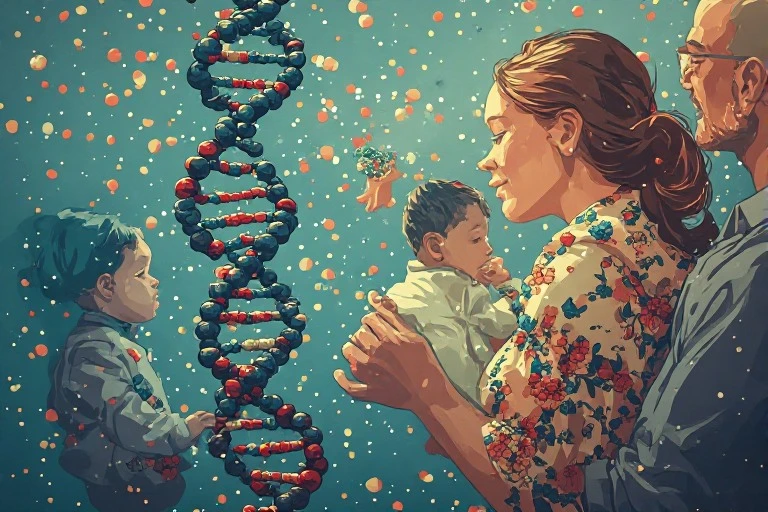 Family portrait with a prominent DNA double helix, symbolizing genetics and parent–child bonds