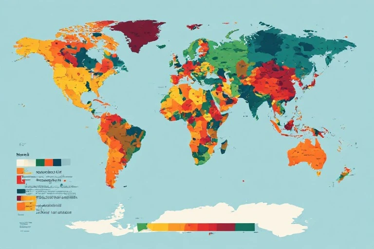 Colorful world map showing country-by-country data with a legend in the bottom-left corner.