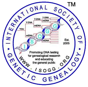 ISOGG logo: circular badge for International Society of Genetic Genealogy, featuring a DNA ladder and the motto 'Promoting DNA testing for genealogical research' with EST. 2005.
