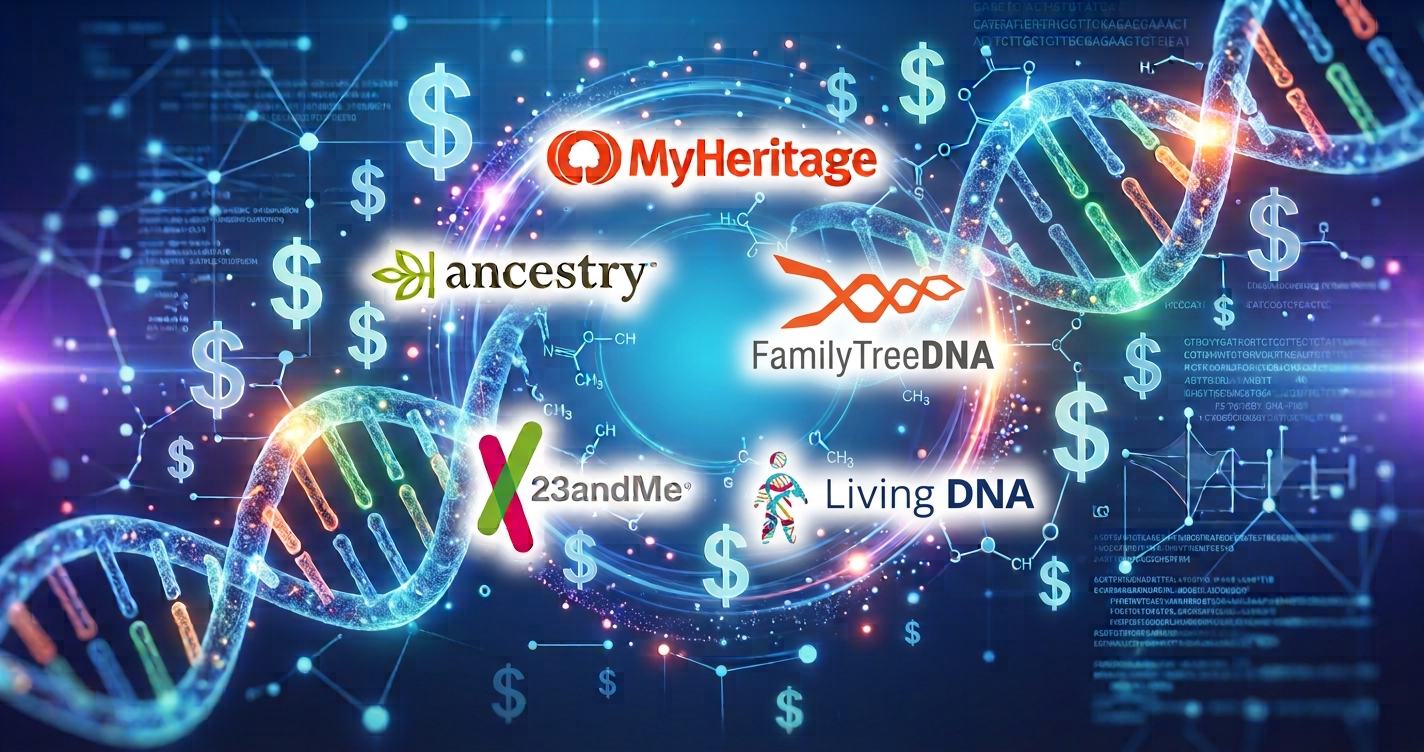 Logos of the five major consumer DNA testing companies: AncestryDNA, MyHeritage, FamilyTreeDNA, 23andMe, and Living DNA.